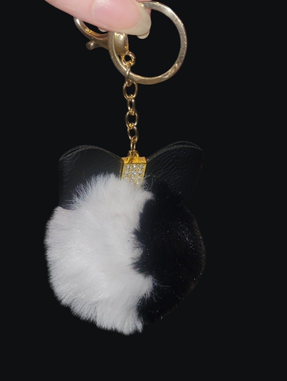 Black & White Faux Fur Cat Pom Keychain with Gold Hardware